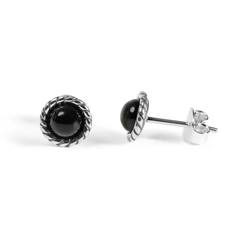 Rope Edge Stud Earrings in Silver & Black Onyx sold by Henryka