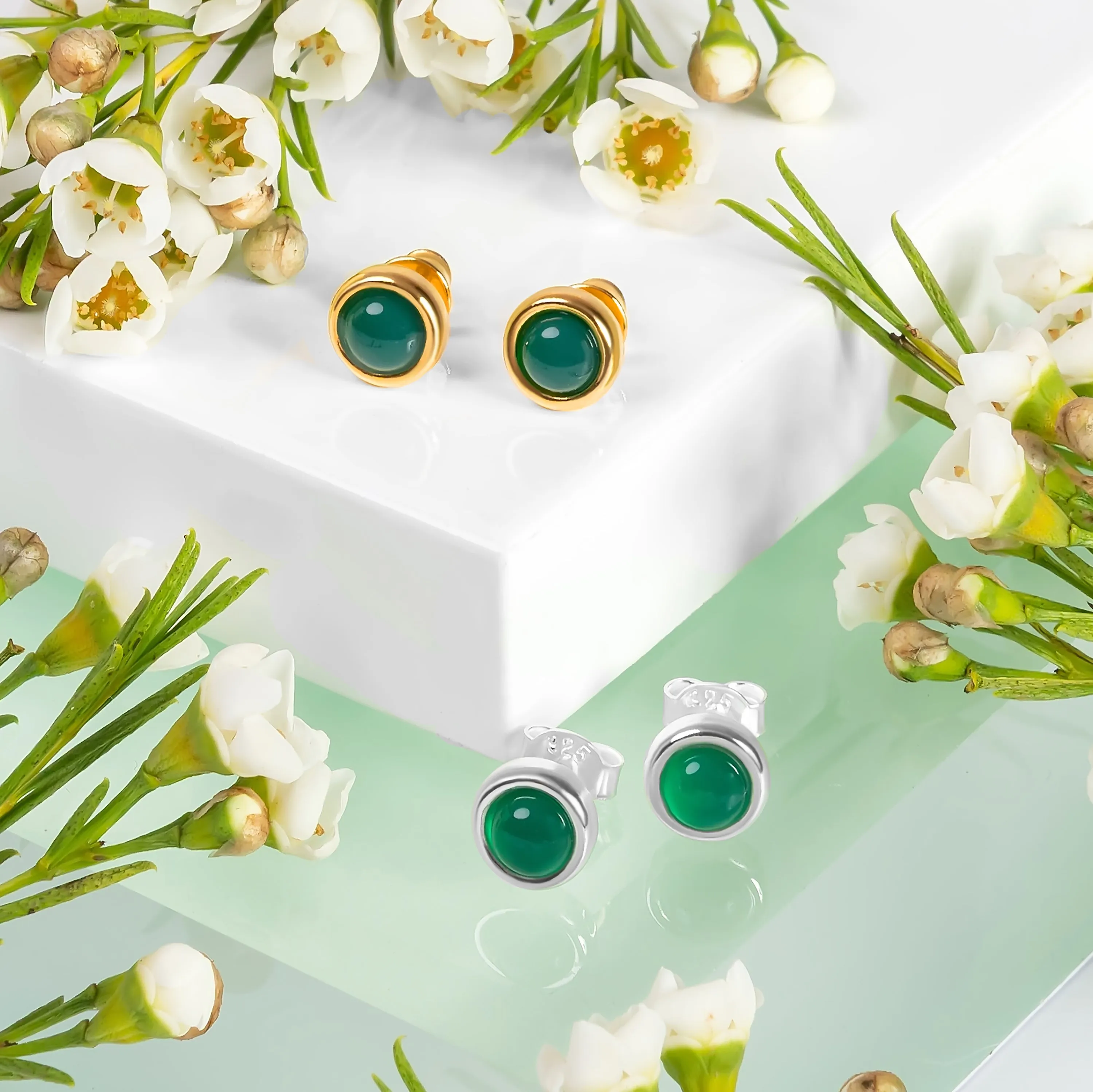 Small Round Stud Earrings in Silver with 24ct Gold & Green Onyx sold by Henryka product image thumbnail 2