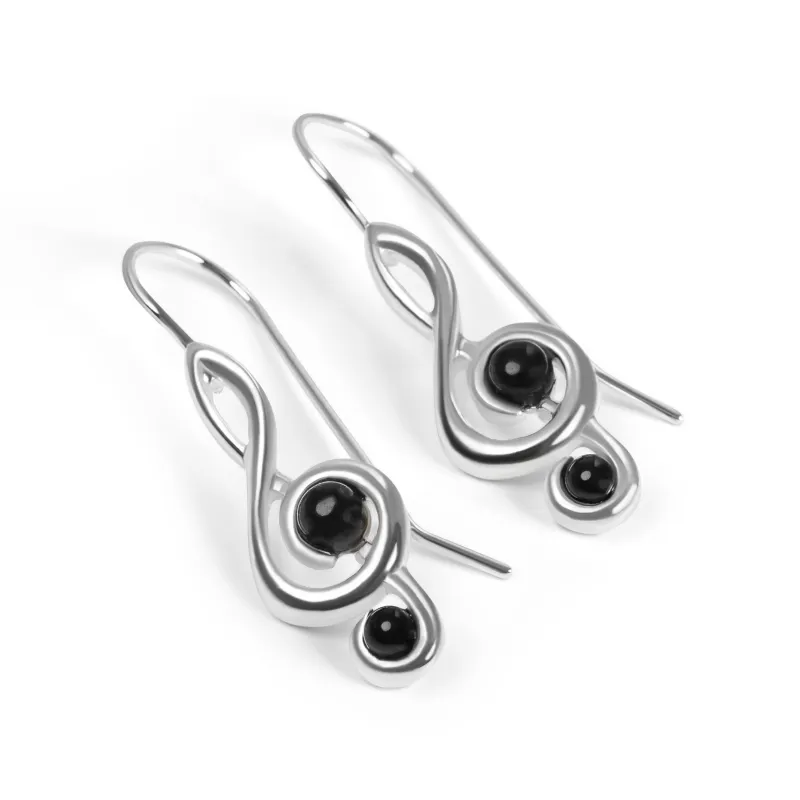 Music Treble Clef Hook Earrings in Silver & Black Onyx made by Henryka