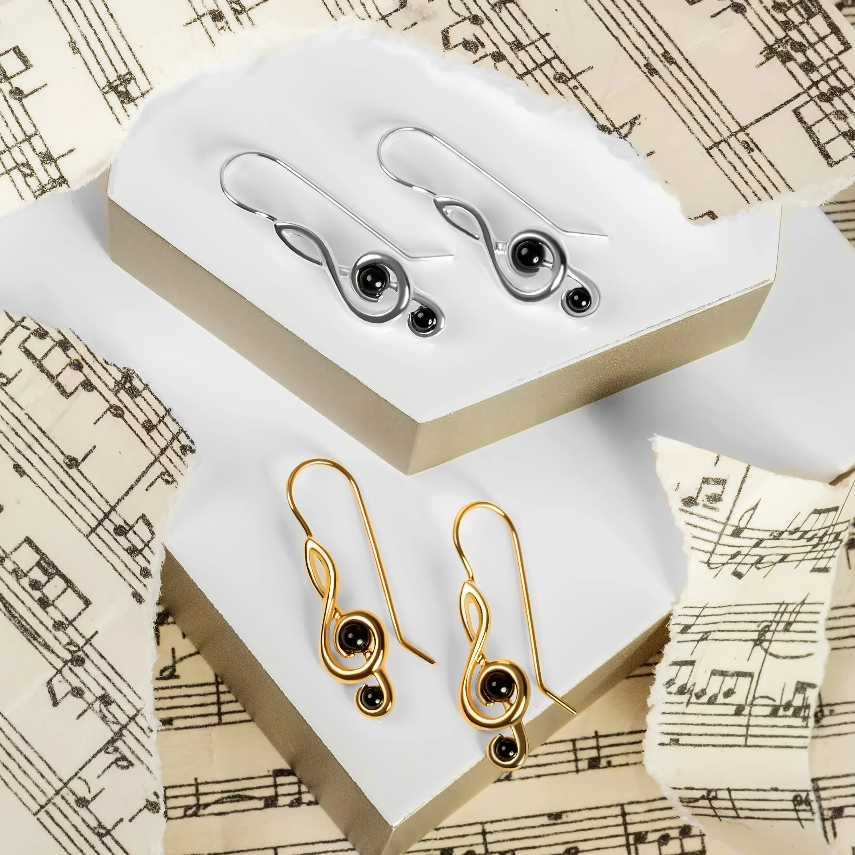 Music Treble Clef Hook Earrings in Silver & Black Onyx sold by Henryka product image thumbnail 3