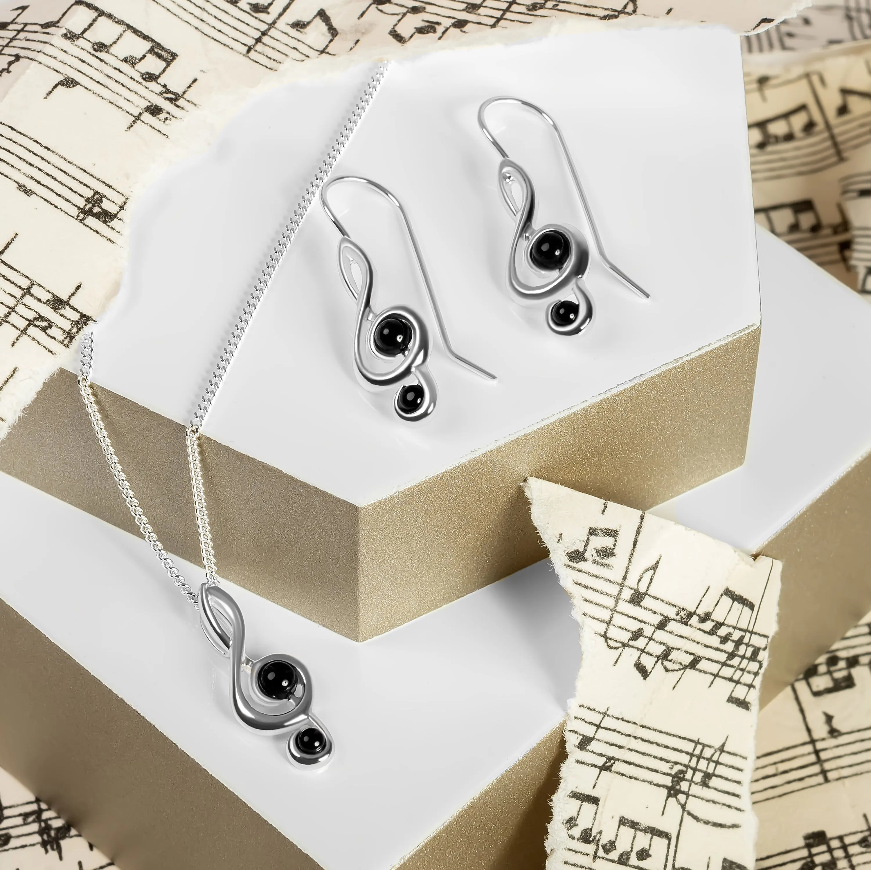 Music Treble Clef Hook Earrings in Silver & Black Onyx sold by Henryka product image thumbnail 2