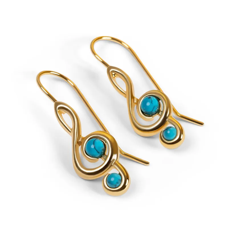Music Treble Clef Hook Earrings in Silver  with 24ct Gold & Turquoise made by Henryka