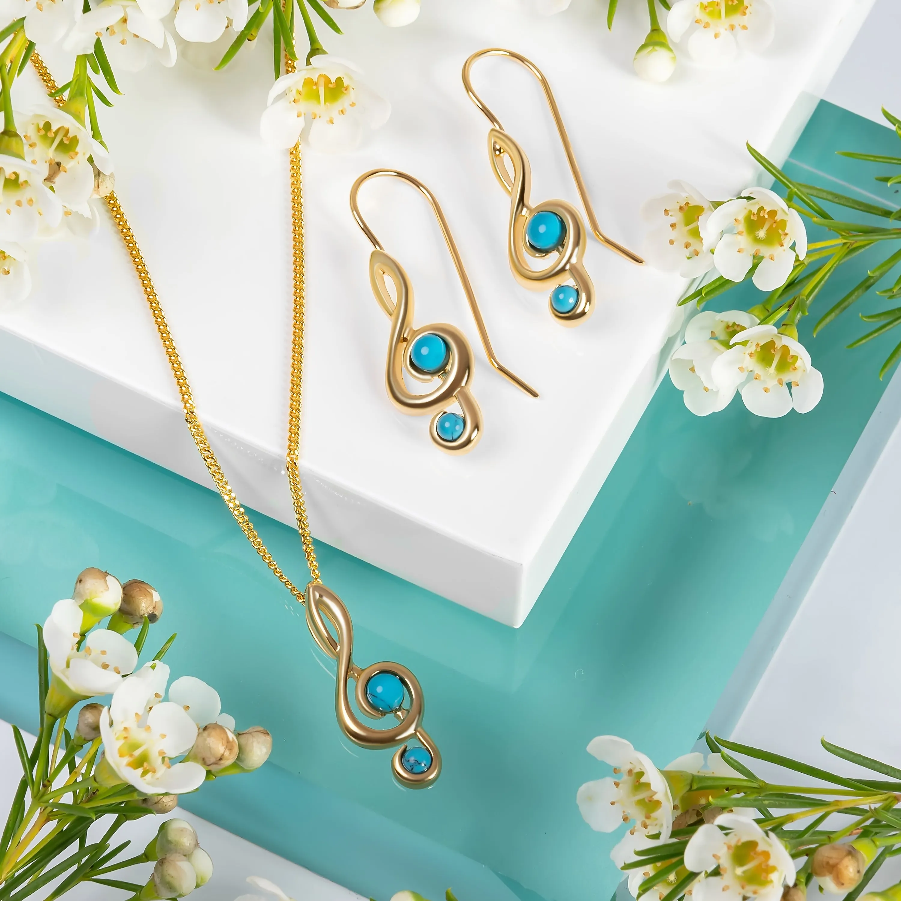 Music Treble Clef Hook Earrings in Silver with 24ct Gold & Turquoise sold by Henryka product image thumbnail 2