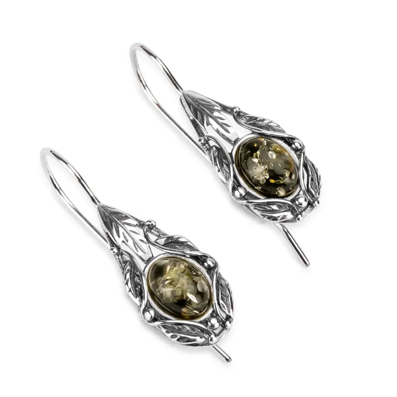 Vintage Style Hook Earrings in Silver & Green Amber sold by Henryka