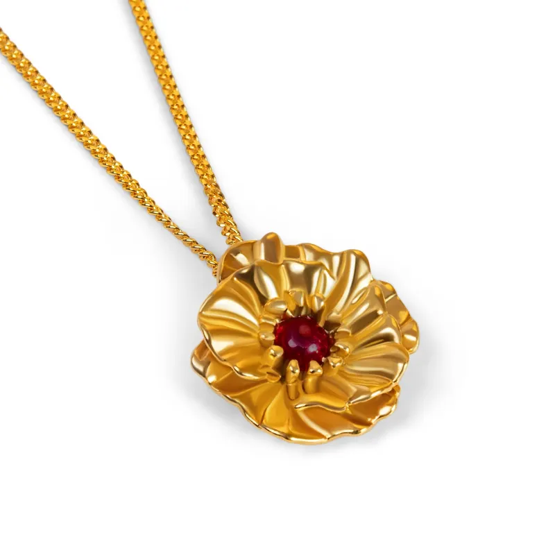 Poppy Flower Necklace in Silver with 24ct Gold and Garnet sold by Henryka