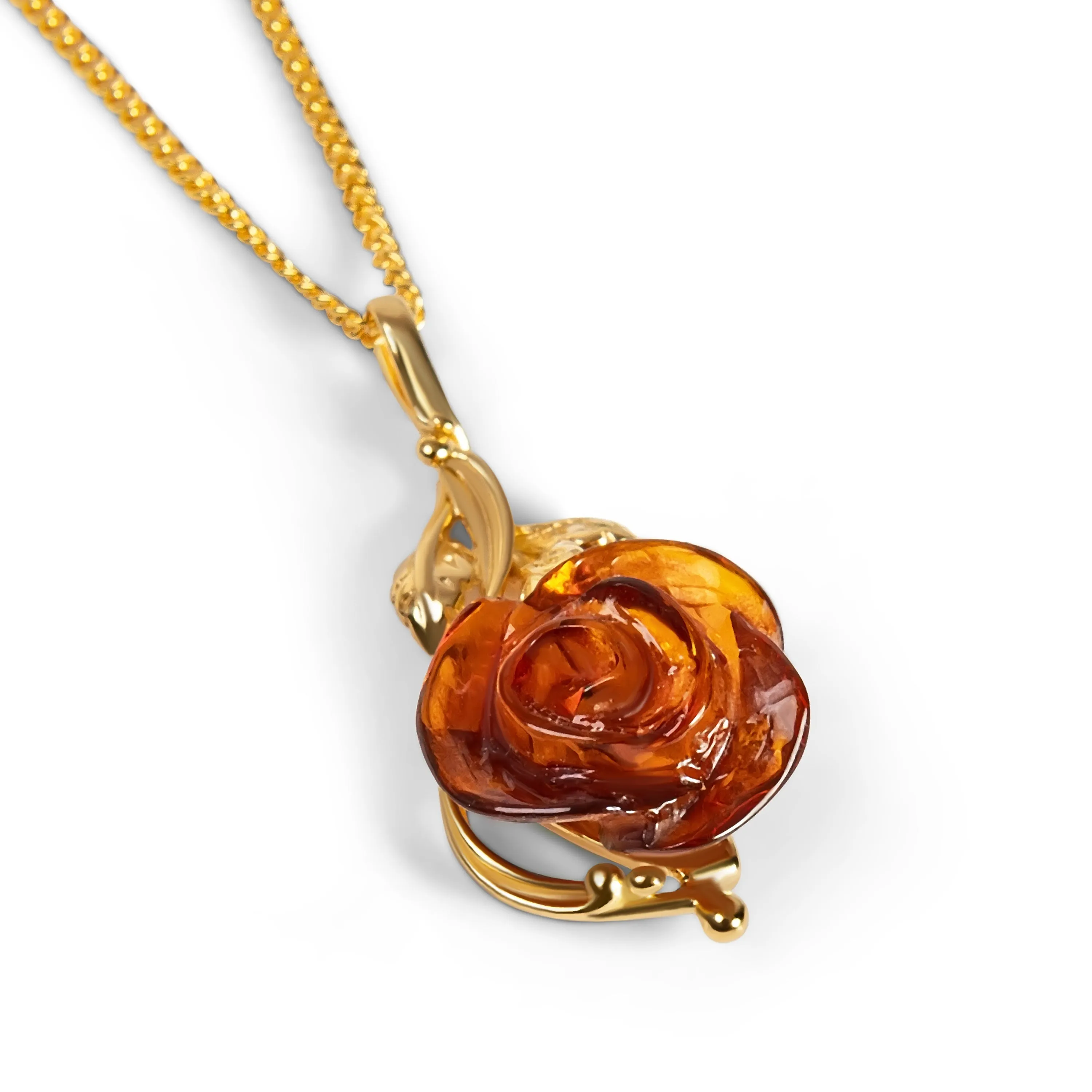 Rose Necklace in Silver with 24ct Gold and Cognac Amber sold by Henryka