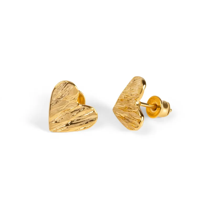 Textured Heart Stud Earrings in Silver with 24ct Gold sold by Henryka