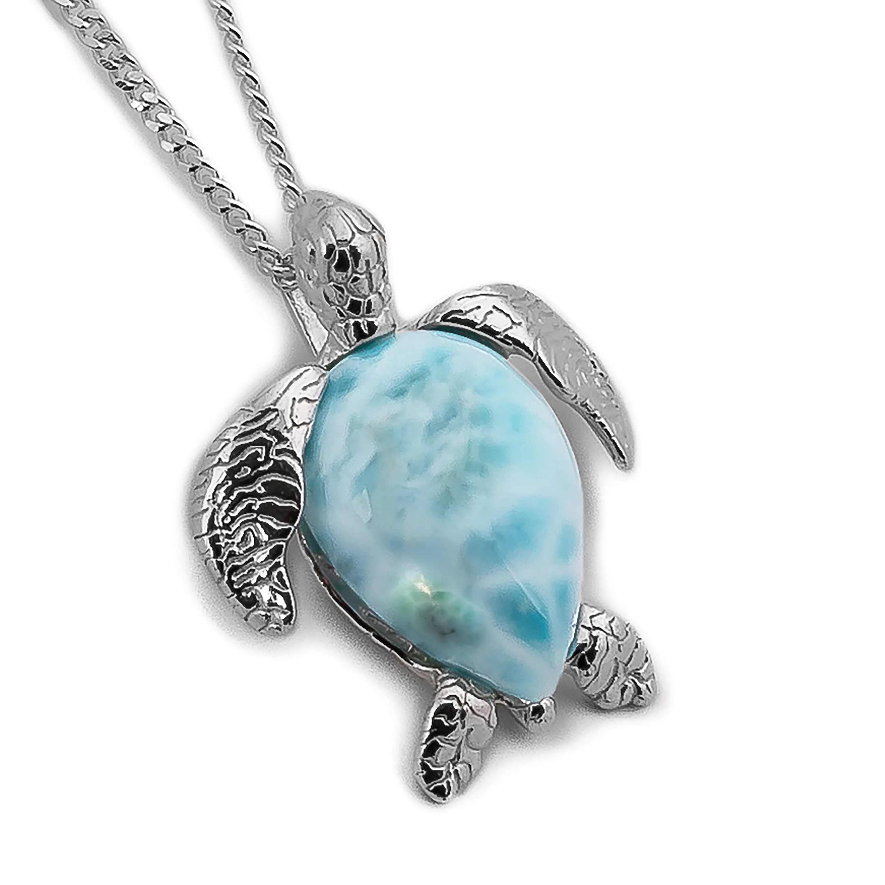 Sea Turtle Necklace in Silver and Larimar sold by Henryka
