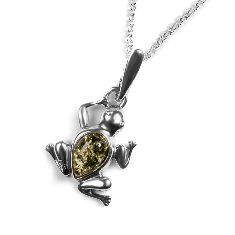 Frog Necklace in Silver and Green Amber sold by Henryka