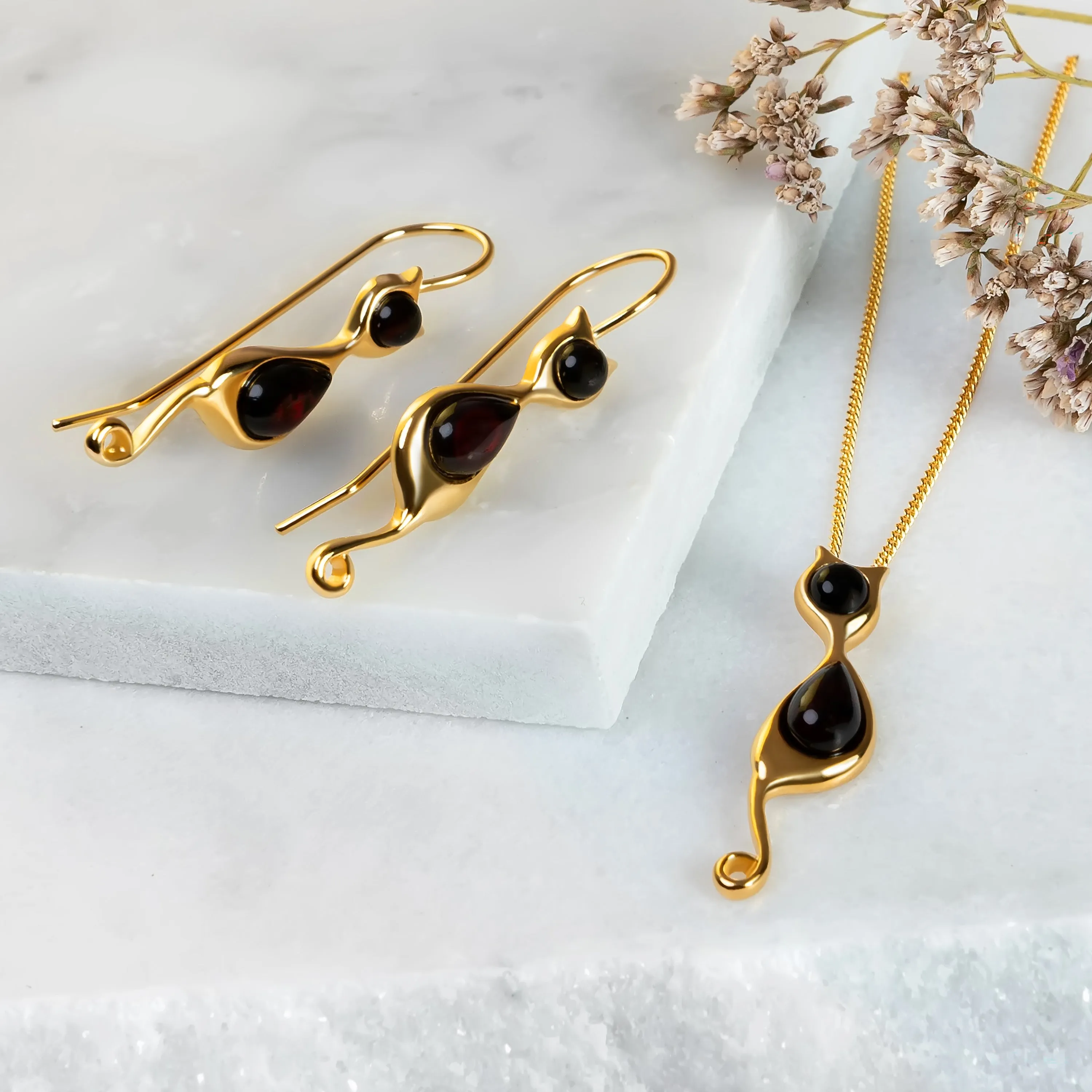 Black Cat Drop Earrings in Silver with 24ct Gold and Cherry Amber sold by Henryka product image thumbnail 2