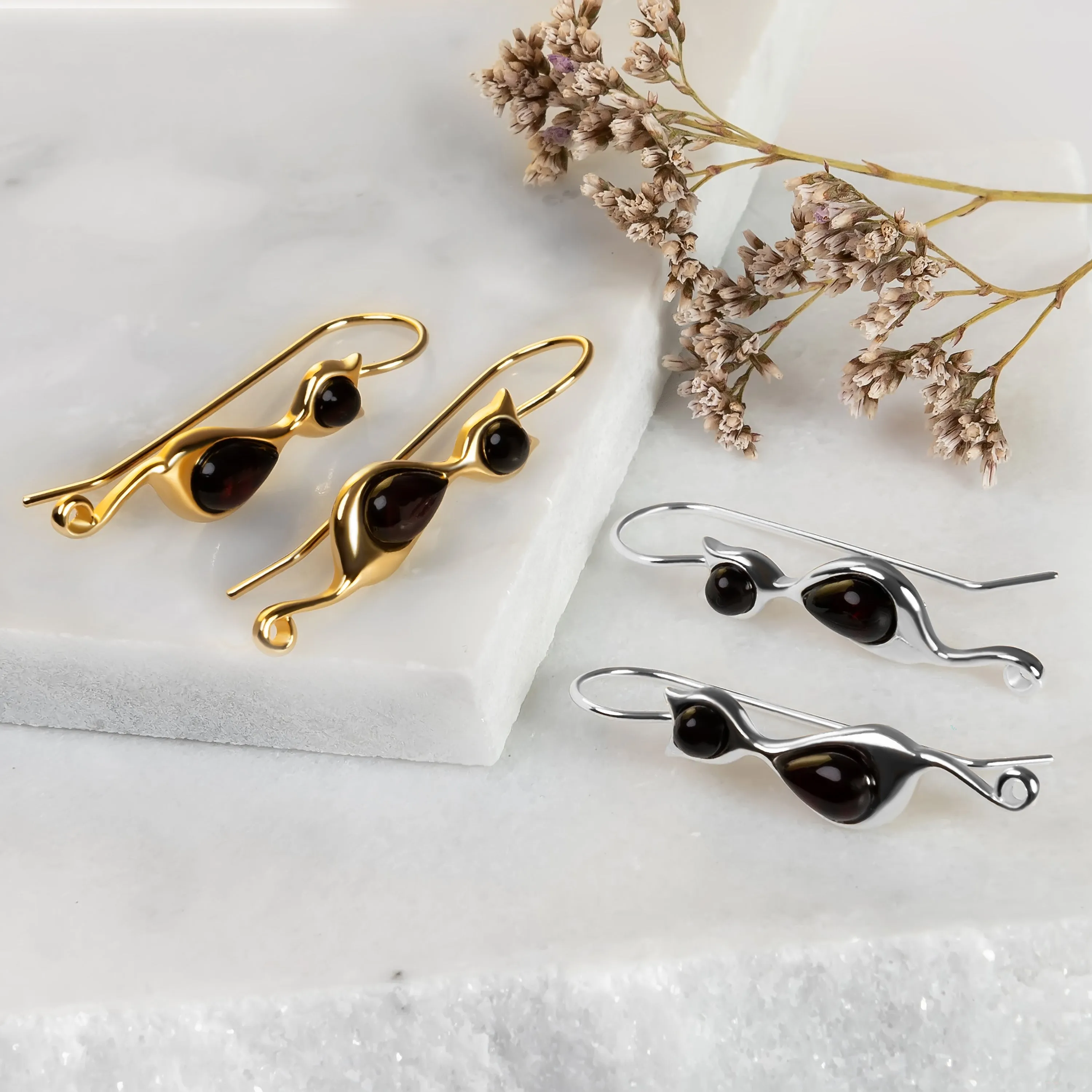 Black Cat Drop Earrings in Silver with 24ct Gold and Cherry Amber sold by Henryka product image thumbnail 3