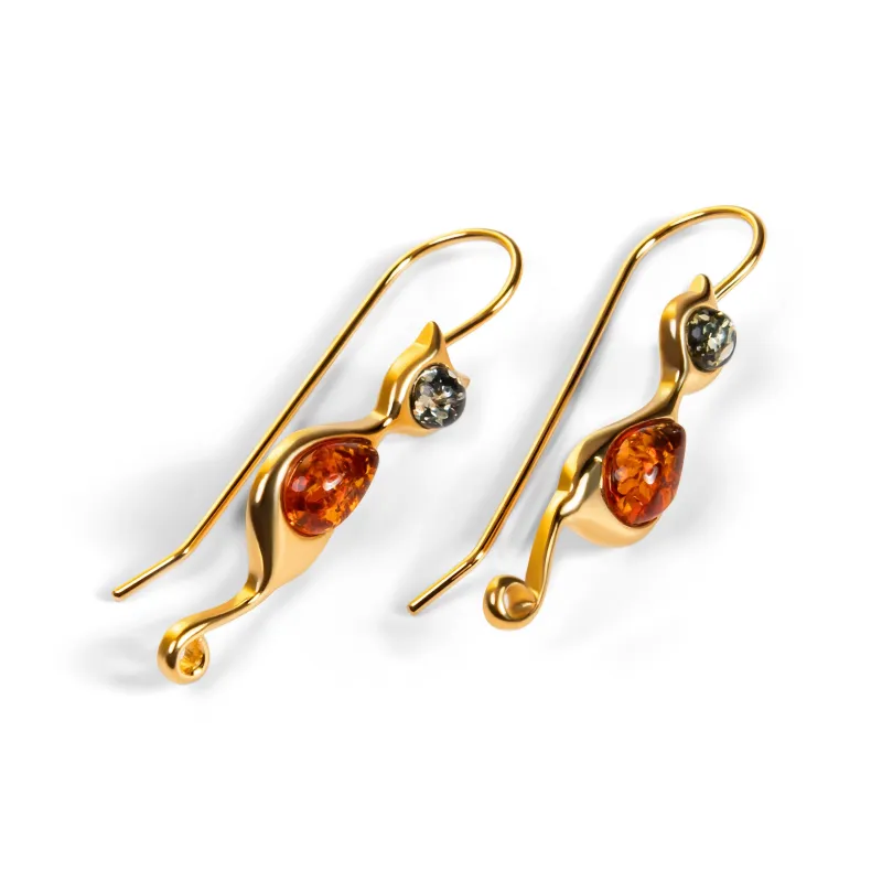 Cat Drop Earrings in Silver with 24ct Gold & Cognac & Green Amber sold by Henryka