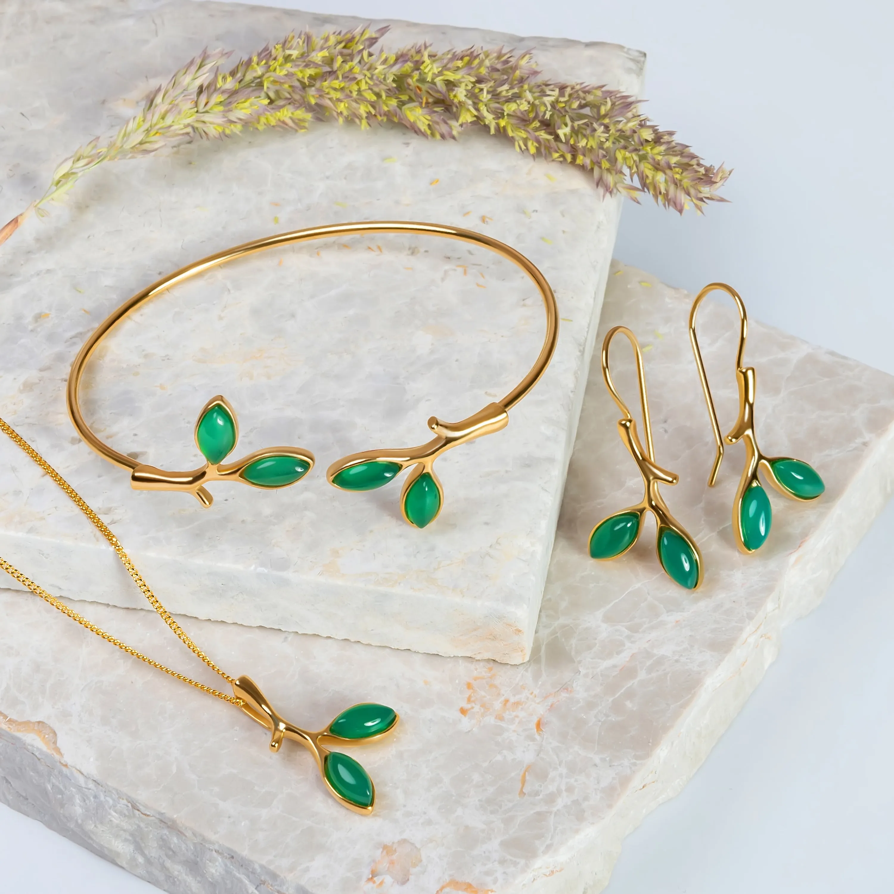 Simple Olive Leaf Branch Bangle in Silver with 24ct Gold and Green Onyx sold by Henryka product image thumbnail 2