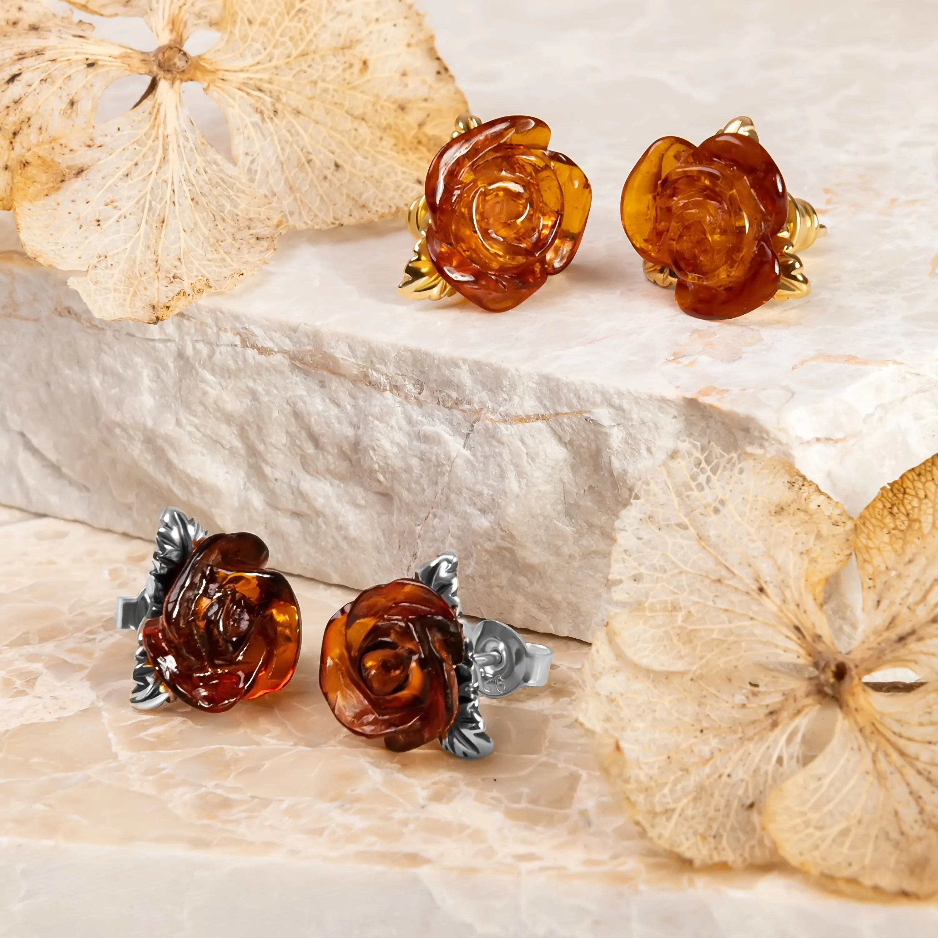 Rose Stud Earrings in Silver with 24ct Gold and Amber sold by Henryka product image thumbnail 3