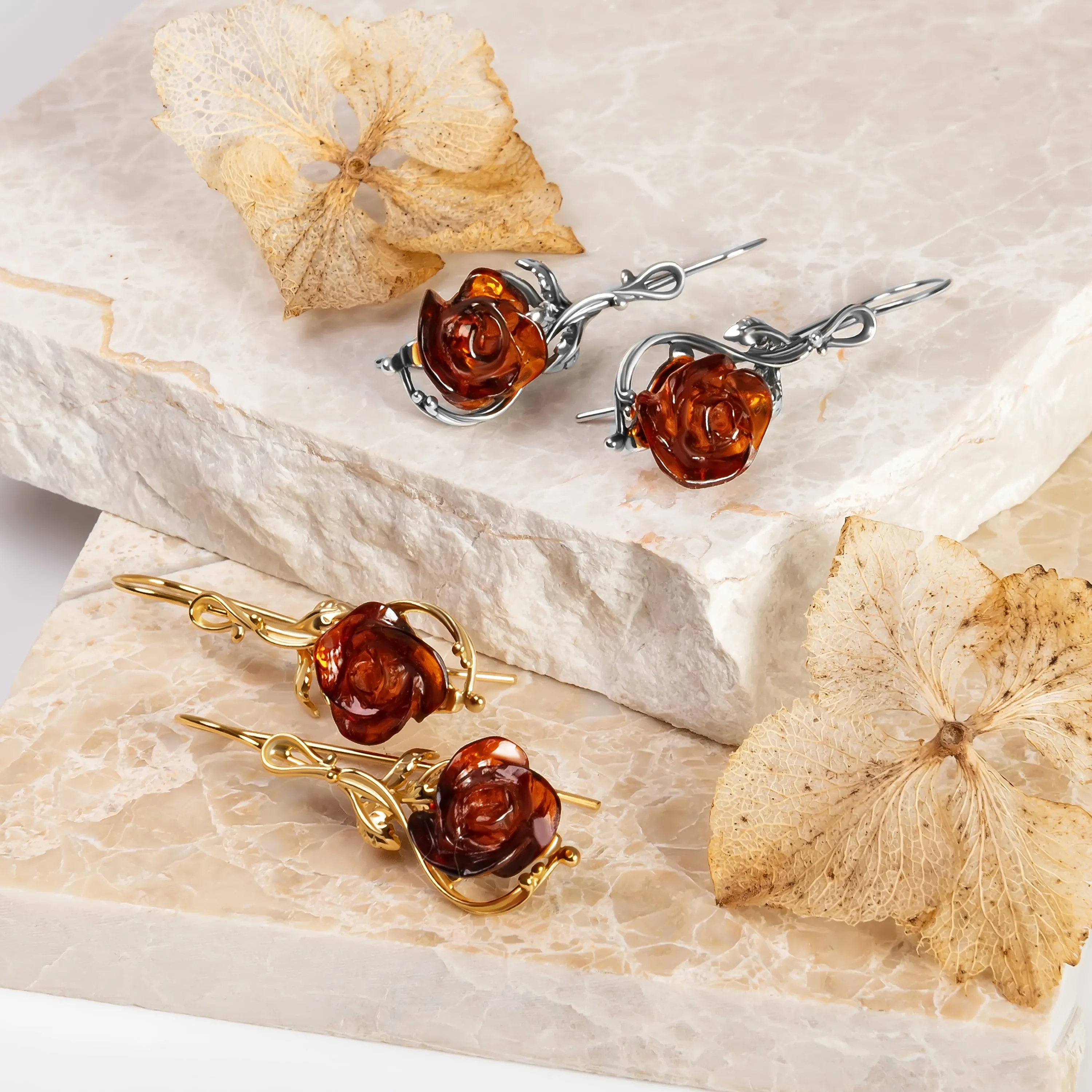 Single Stem Rose Drop Earrings in Silver with 24ct Gold and Amber sold by Henryka product image thumbnail 3