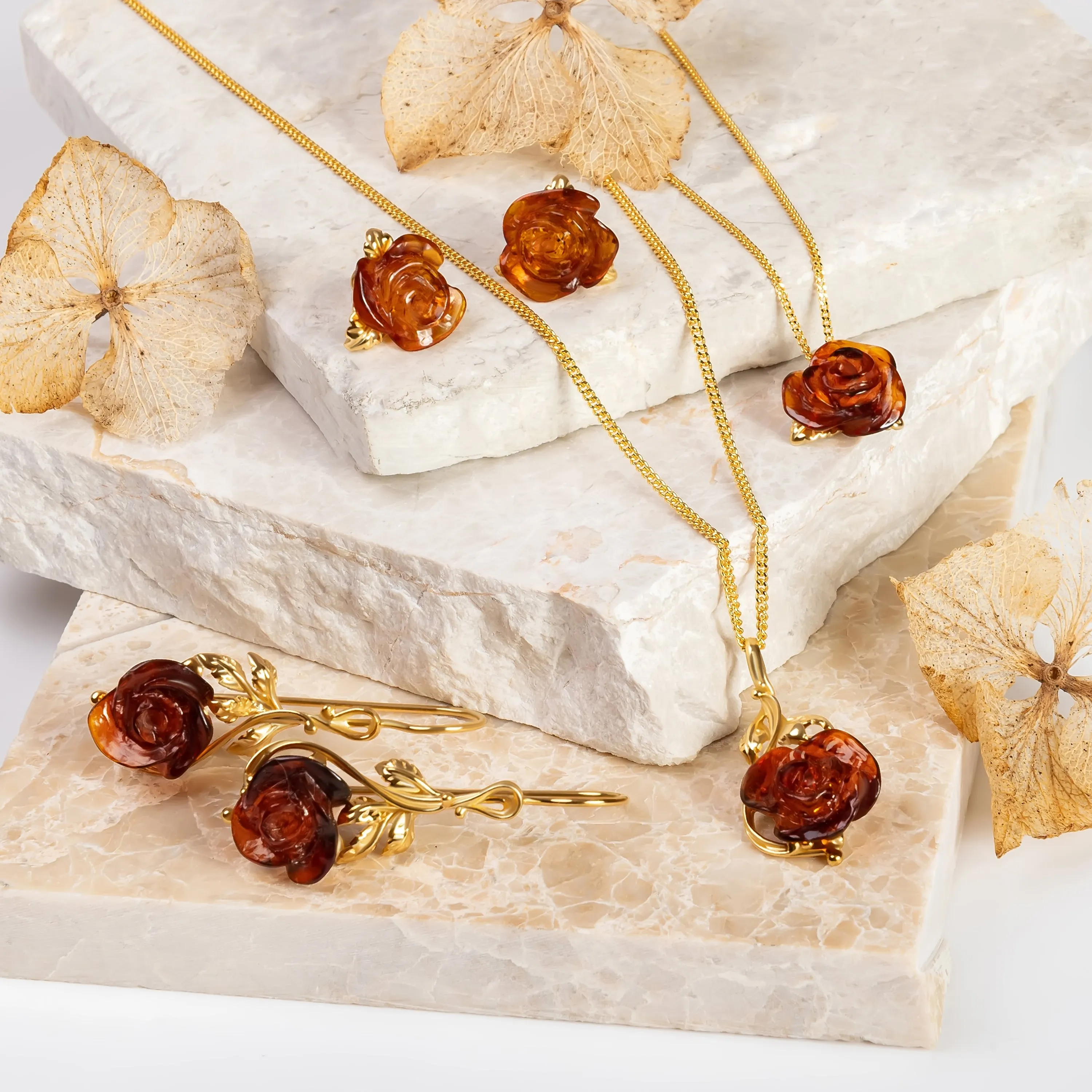 Single Stem Rose Drop Earrings in Silver with 24ct Gold and Amber sold by Henryka product image thumbnail 2