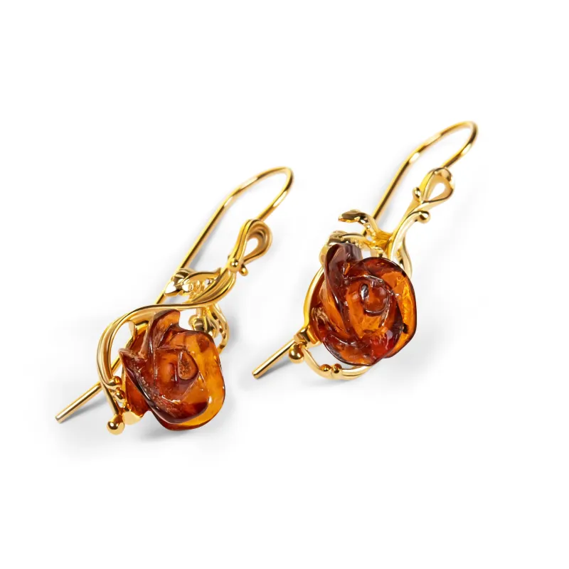 Single Stem Rose Drop Earrings in Silver with 24ct Gold and Amber sold by Henryka