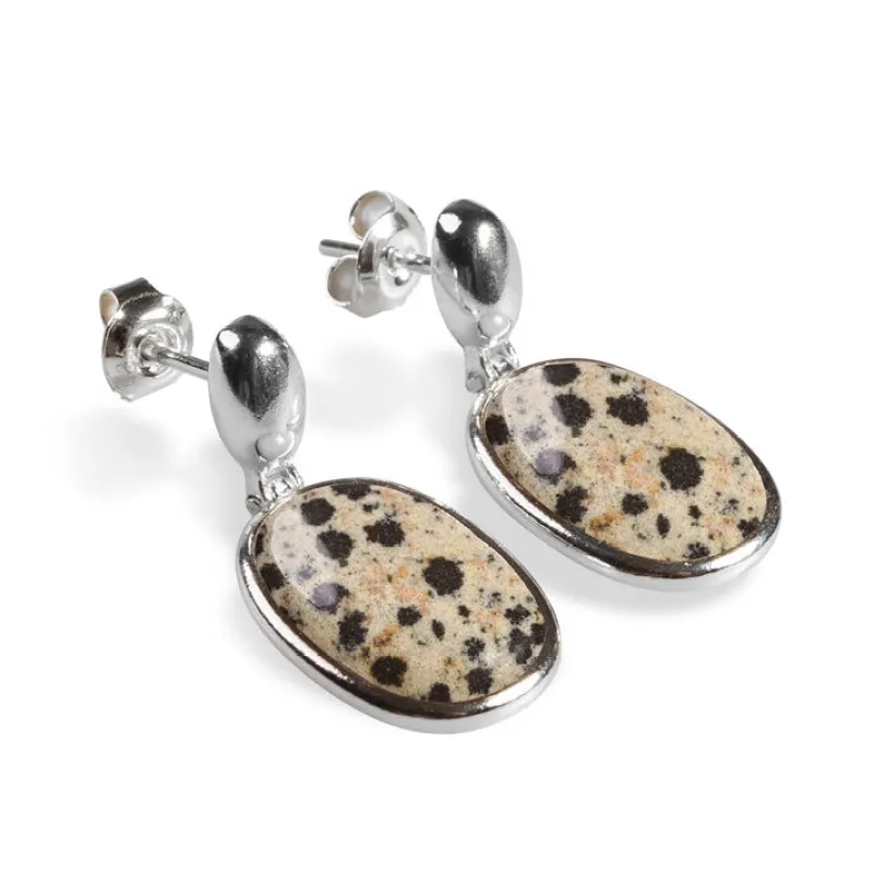Single Drop Earrings in Silver and Dalmatian Jasper sold by Henryka