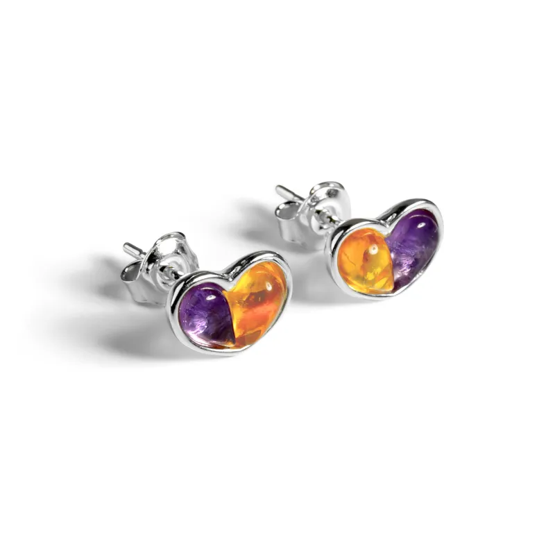 Heart Stud Earrings in Silver, Amethyst and Yellow Amber sold by Henryka