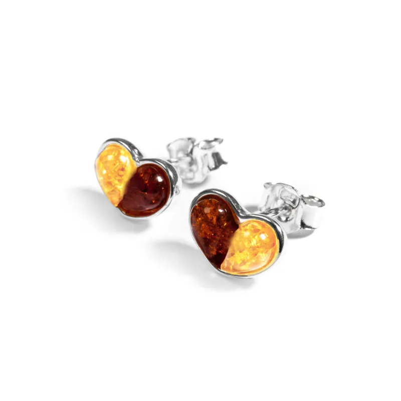 Heart Stud Earrings in Silver and Amber sold by Henryka