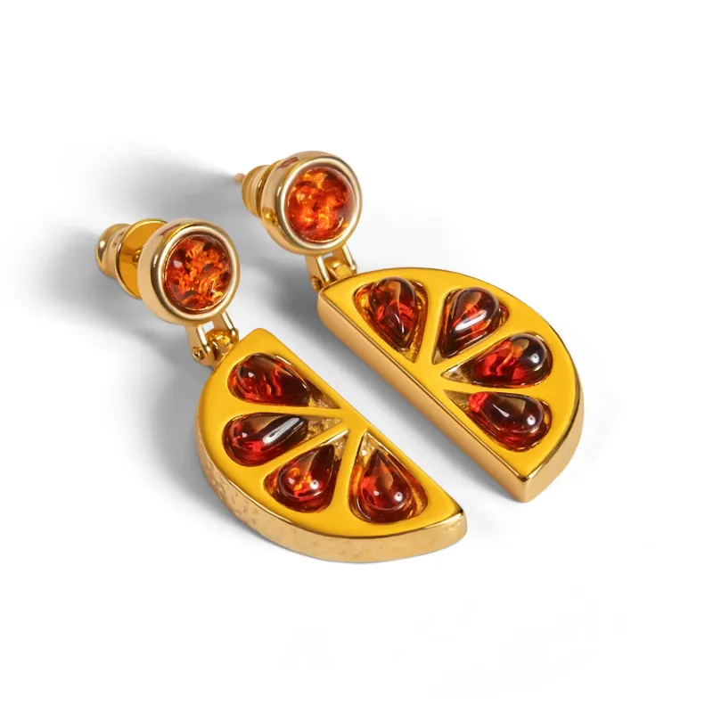 Orange Slice Fruit Drop Earrings in Silver with 24ct Gold and Cognac Amber sold by Henryka
