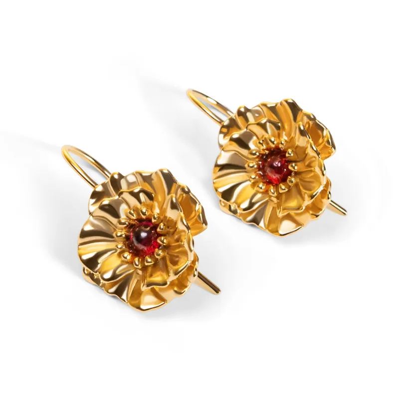 Poppy Flower Drop Earrings in Silver with 24ct Gold and Garnet sold by Henryka