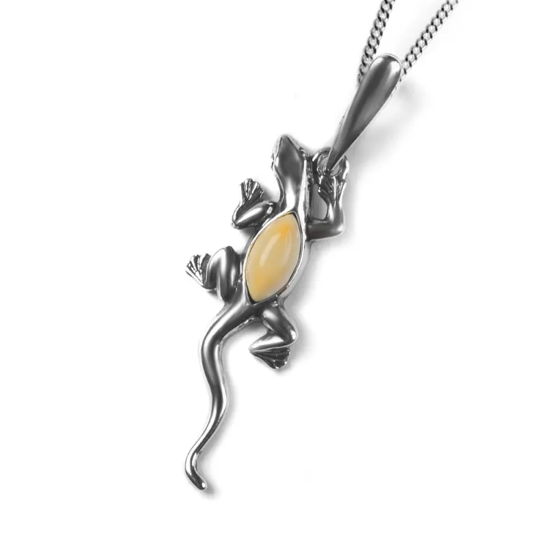Small Lizard Necklace in Silver and Milky Amber sold by Henryka