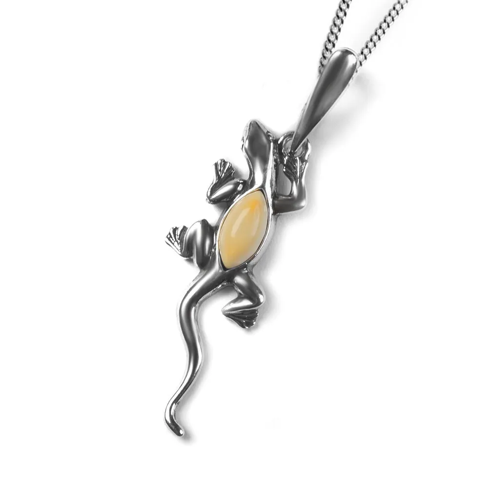 Small Lizard Necklace in Silver and Milky Amber sold by Henryka