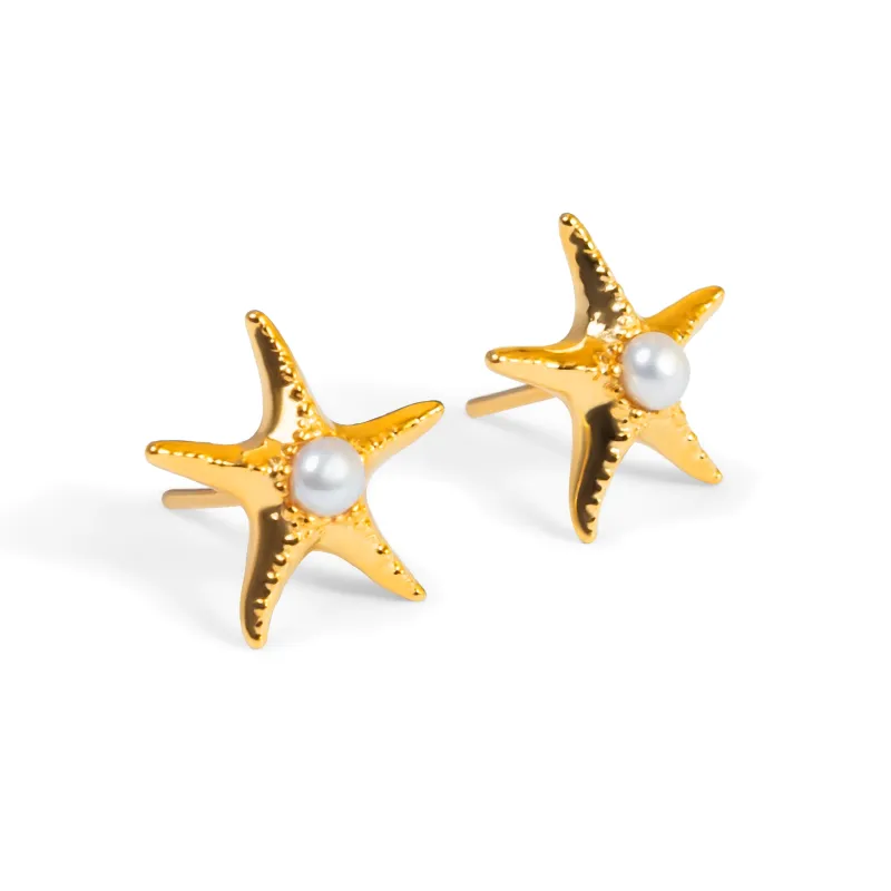 Starfish Stud Earrings in Silver with 24ct Gold & Pearl sold by Henryka