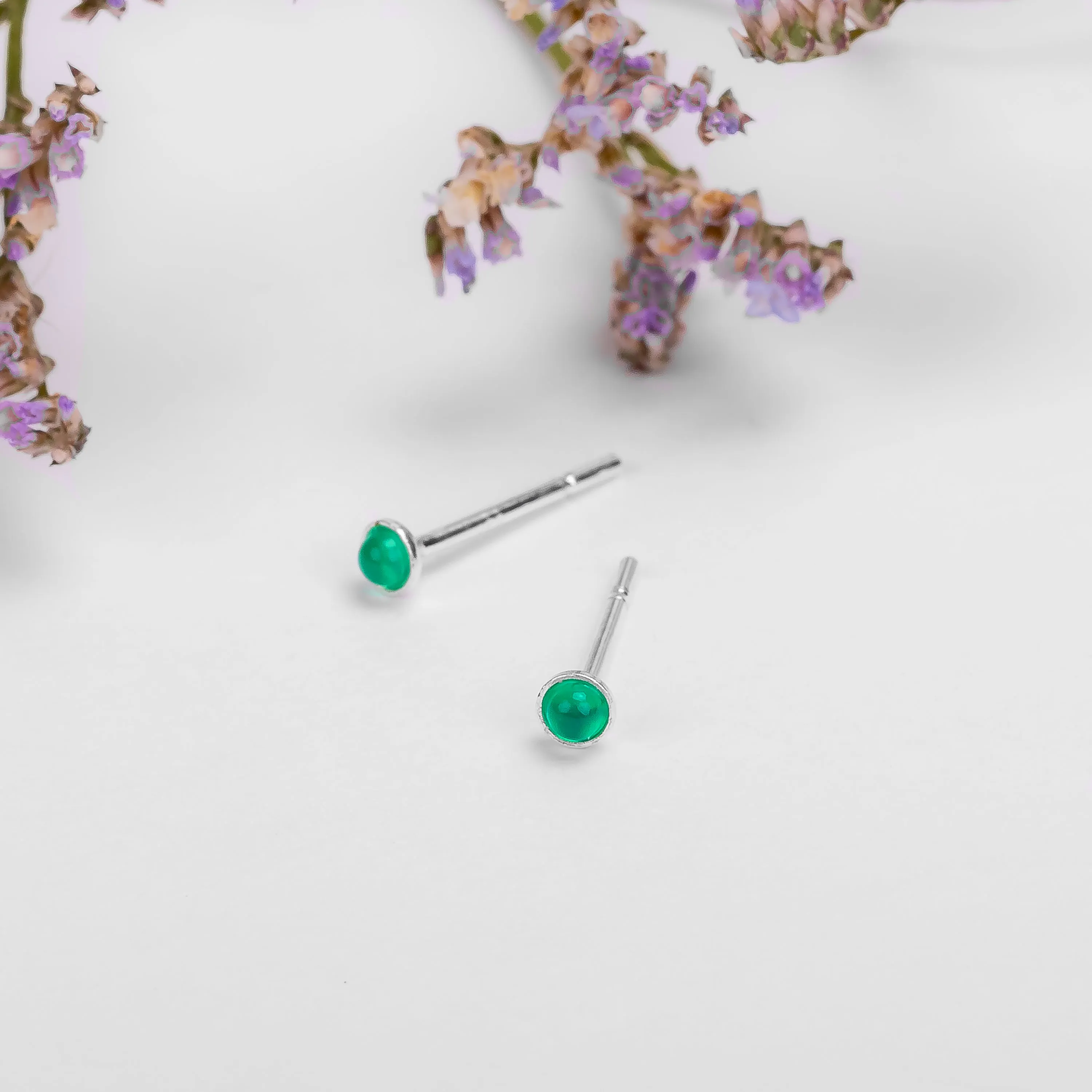 Teeny Tiny Round Stud Earrings in Silver and Green Onyx sold by Henryka product image thumbnail 2