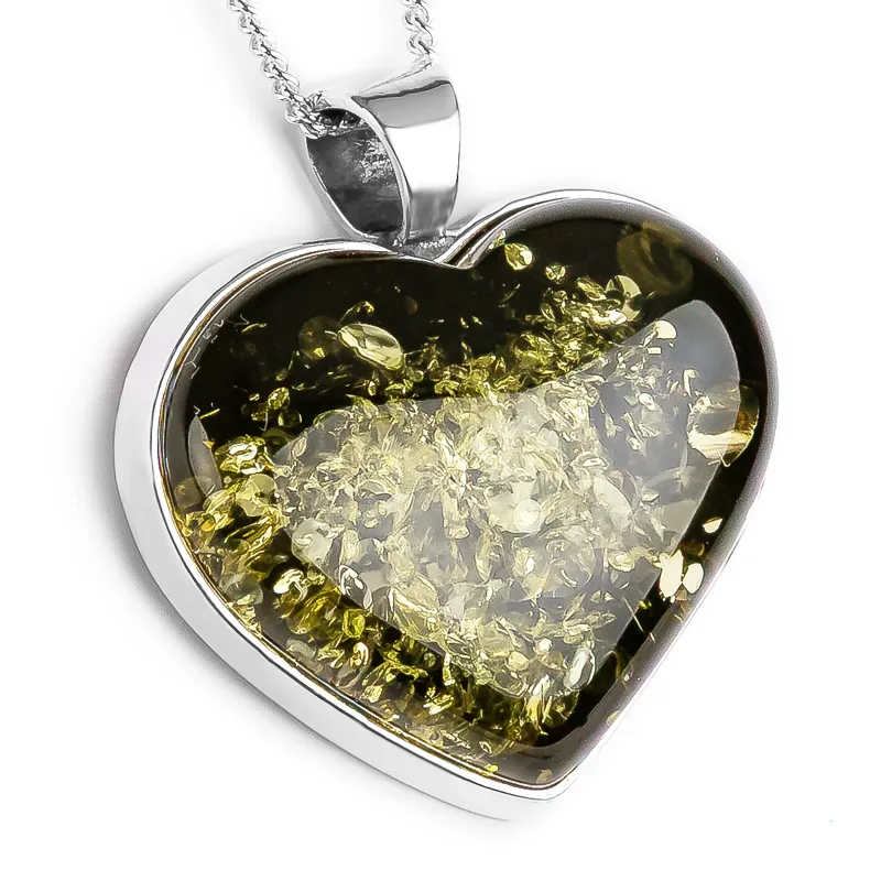 Heart Shape Green Amber and Silver Necklace - Natural Designer Gemstone sold by Henryka