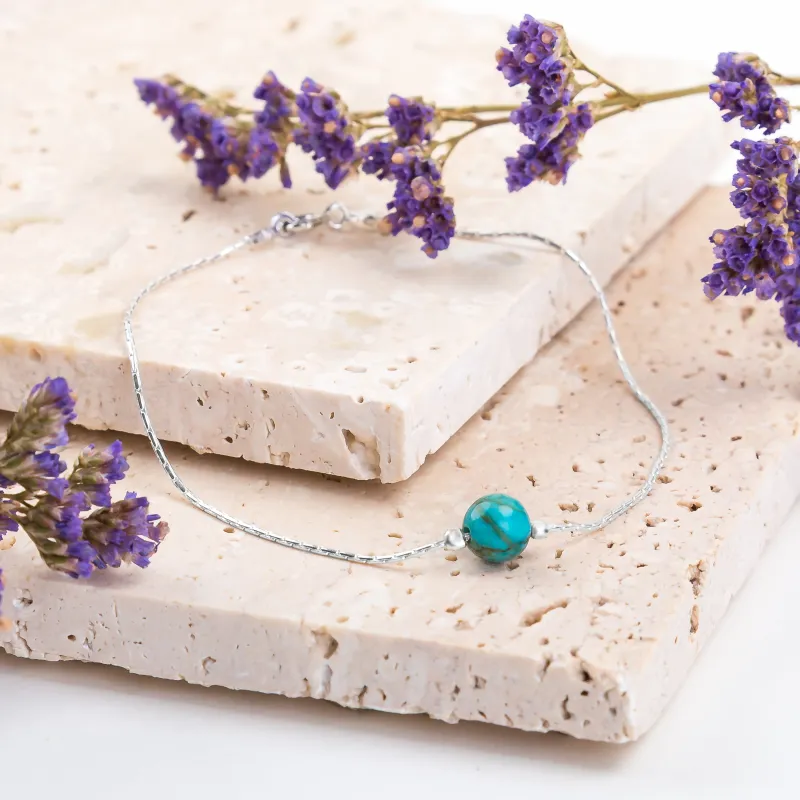 FREE GIFT | Delicate Single Stone Bead Bracelet in Silver & Natural Turquoise sold by Henryka