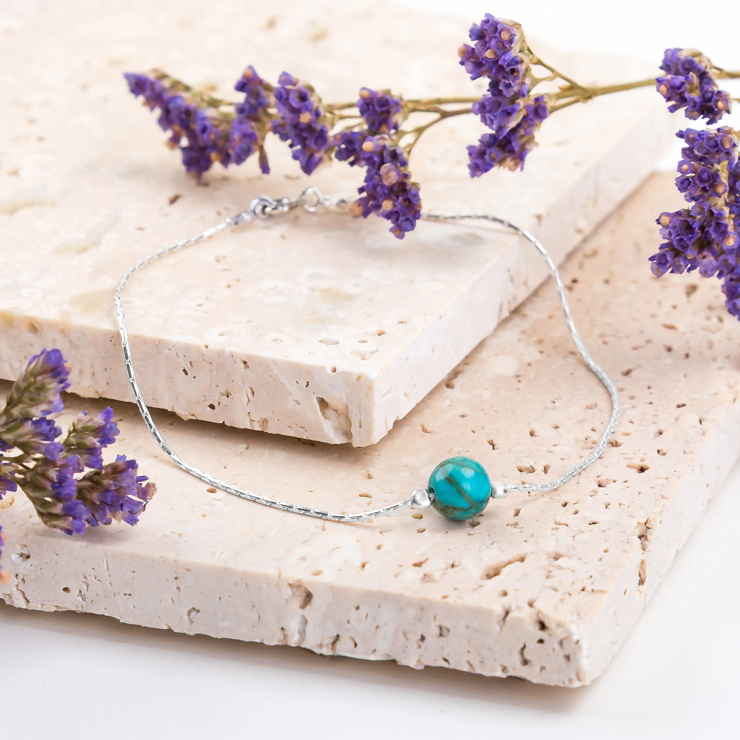 FREE GIFT | Delicate Single Stone Bead Bracelet in Silver & Natural Turquoise sold by Henryka