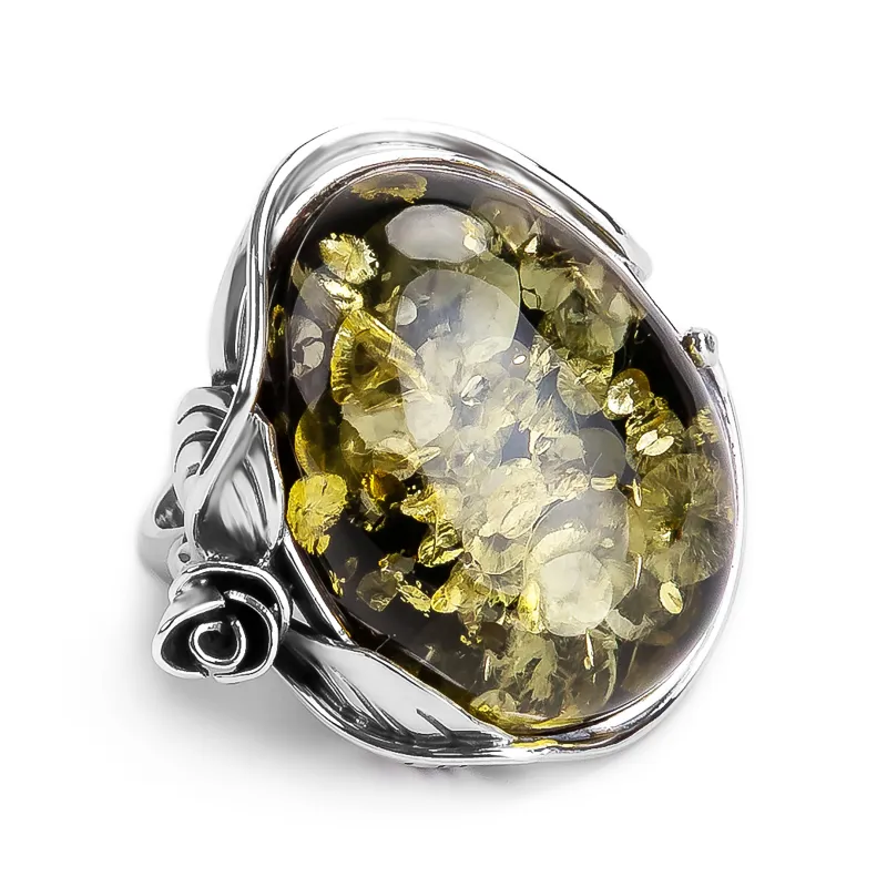 Handmade Baltic Green Amber and Silver Ring - Natural Designer Gemstone sold by Henryka