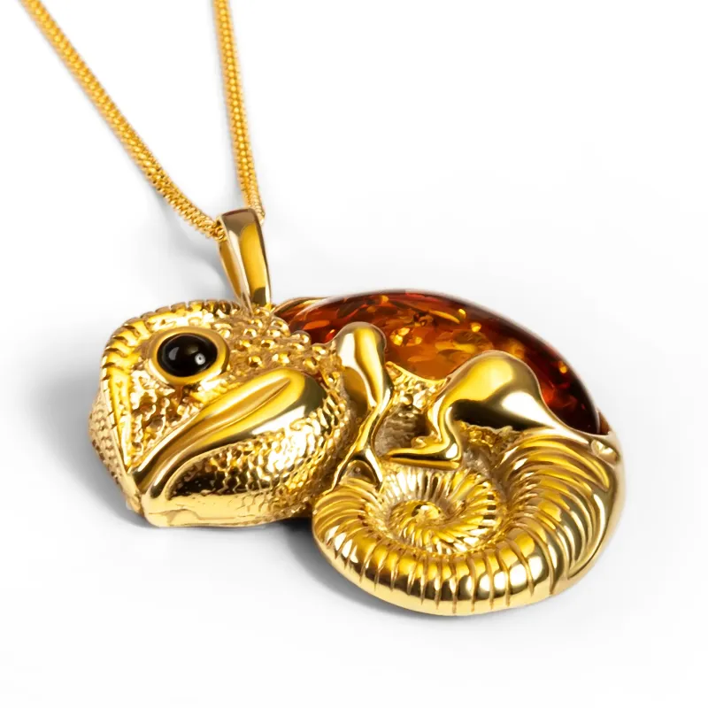 Large Chameleon Necklace in Sterling Silver with 24ct Gold & Amber sold by Henryka