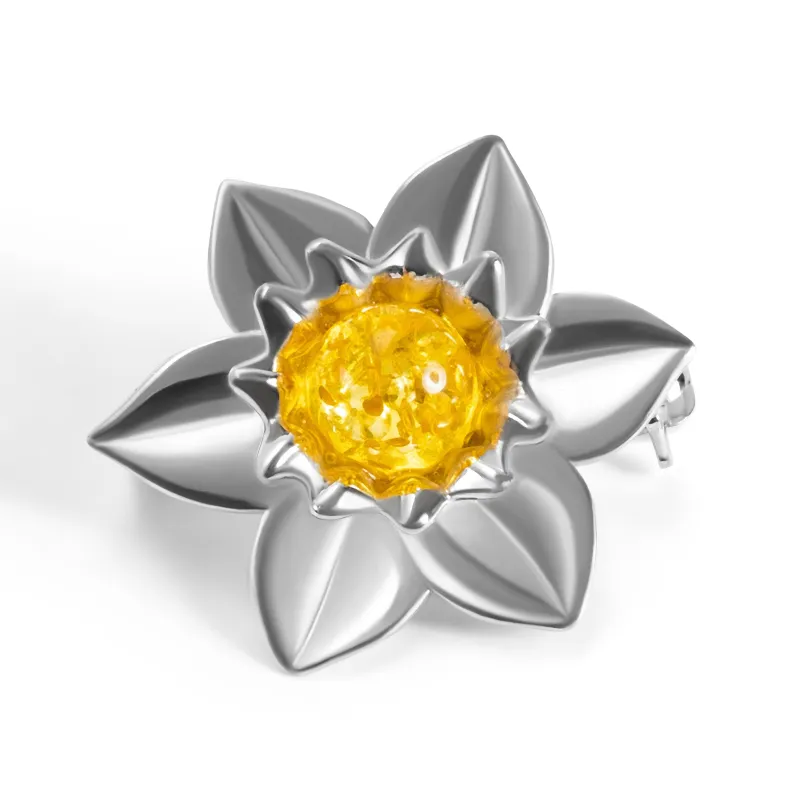 Statement Daffodil Flower Brooch in Silver and Yellow Amber made by Henryka