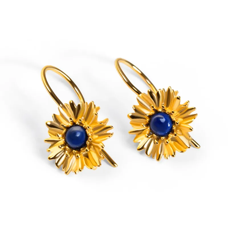 Cornflower Hook Earrings in Silver with 24ct Gold and Lapis Lazuli made by Henryka