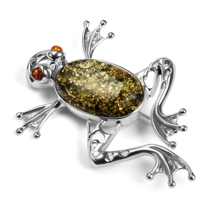 Statement Frog Brooch in Silver and Green Amber sold by Henryka