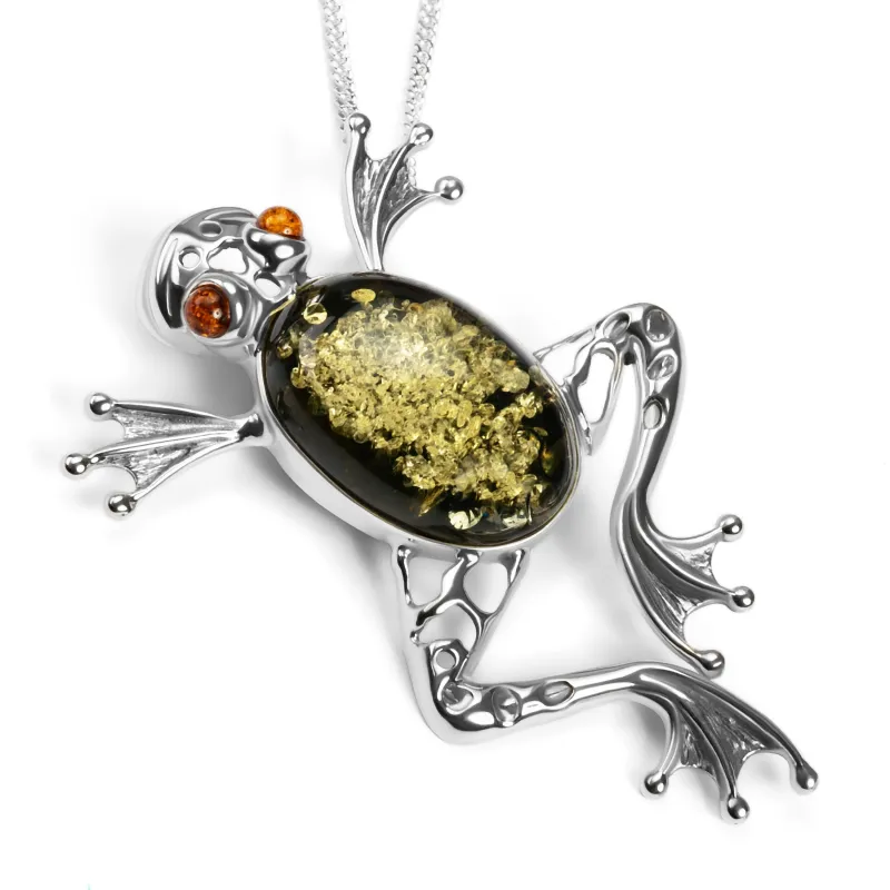 Statement Frog Necklace in Silver and Green Amber sold by Henryka