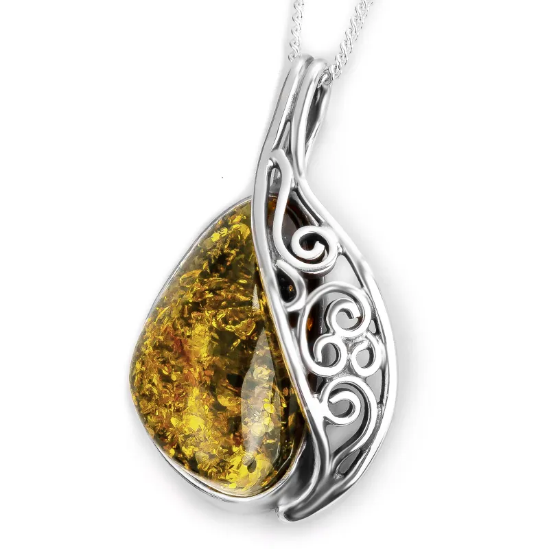Intricate & Ornate Green Amber and Silver Necklace - Natural Designer Gemstone sold by Henryka