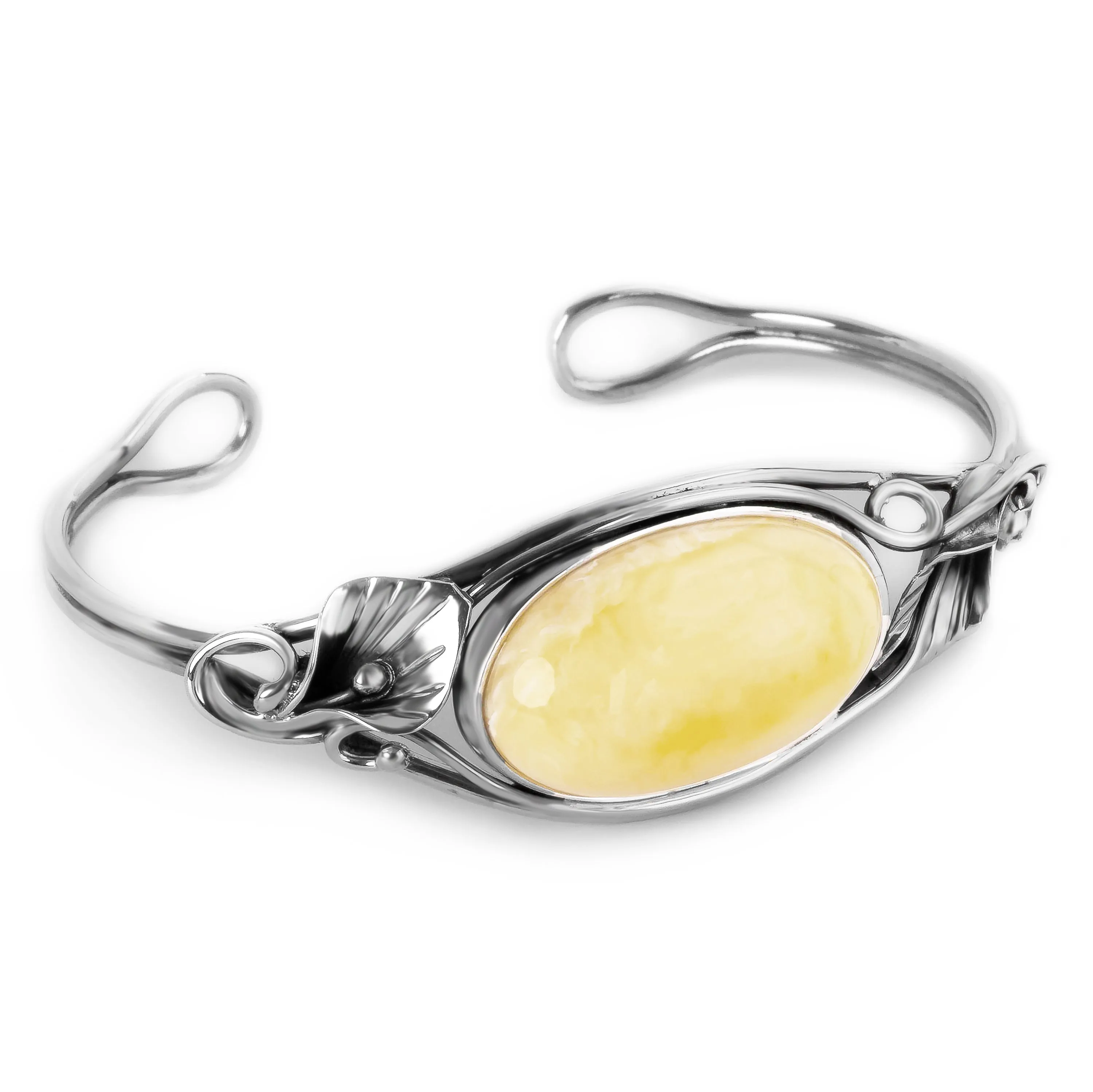 Handmade Statement Vintage Style Bracelet in Silver and Milky Baltic Amber sold by Henryka