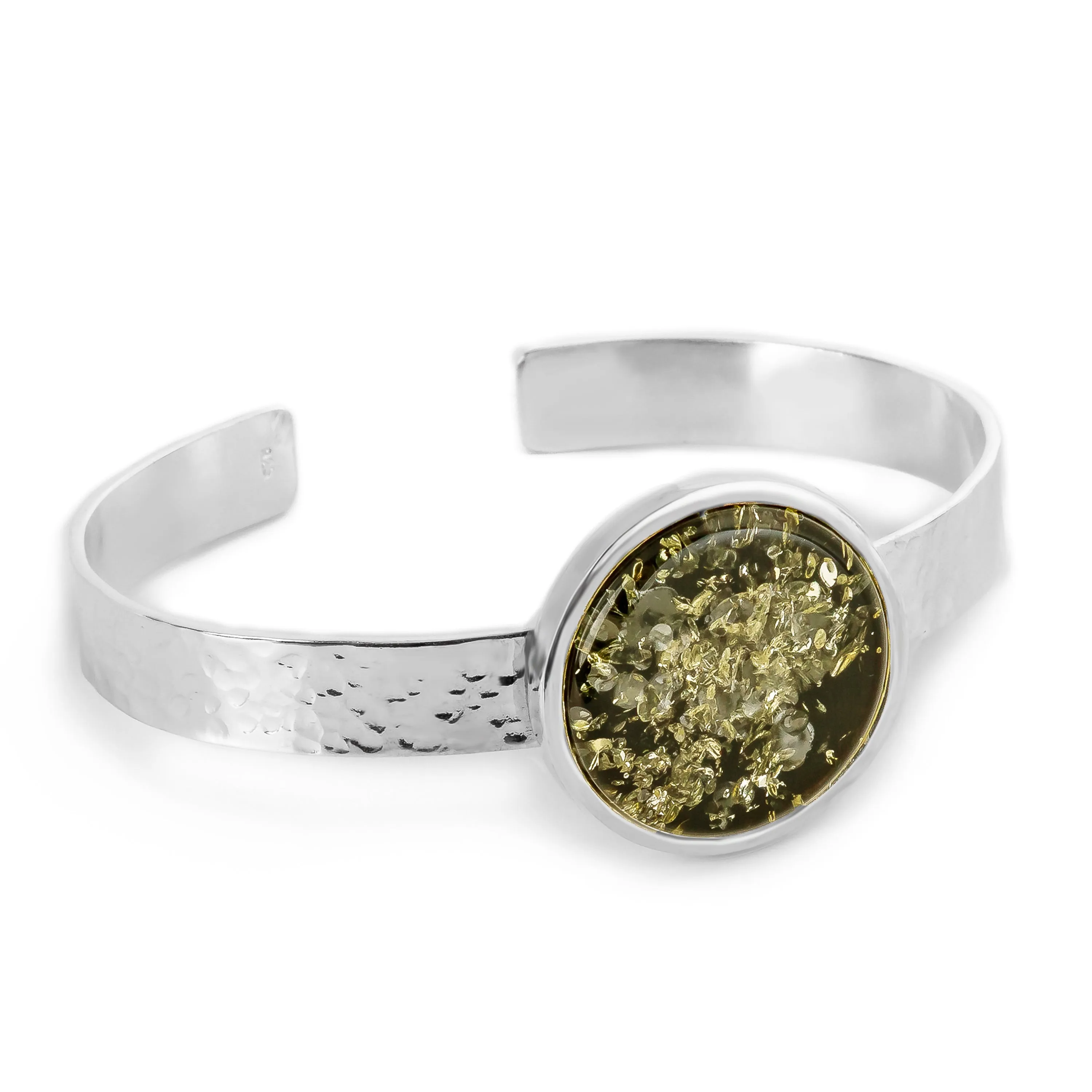 Handmade Statement Modern Bangle in Silver and Green Baltic Amber sold by Henryka