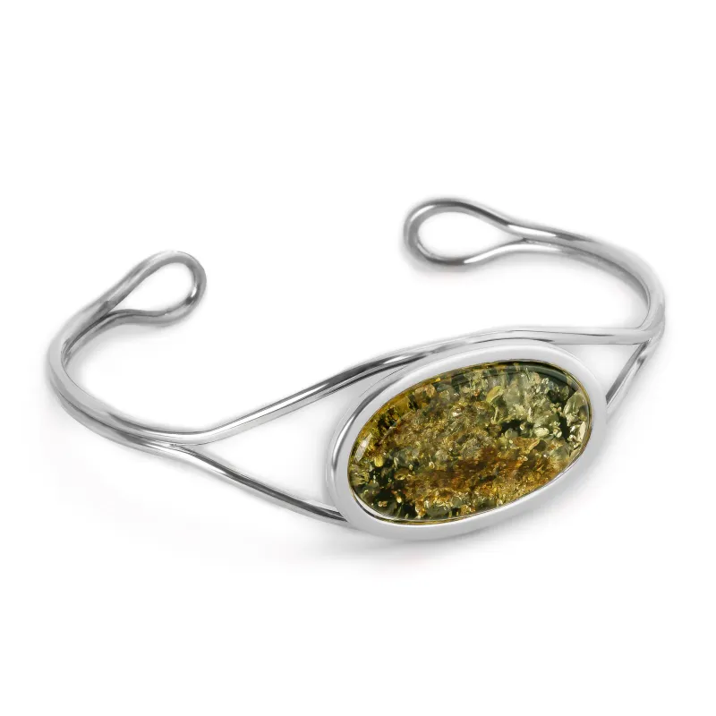 Handmade Statement Contemporary Bangle in Silver and Green Baltic Amber made by Henryka