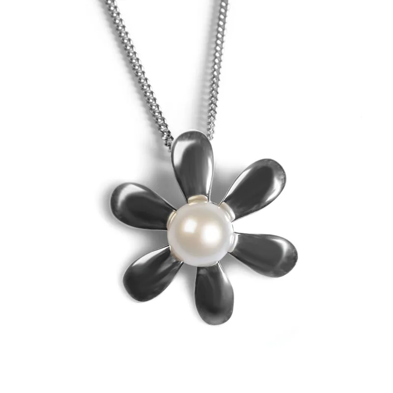 Flower Necklace in Silver and Pearl sold by Henryka