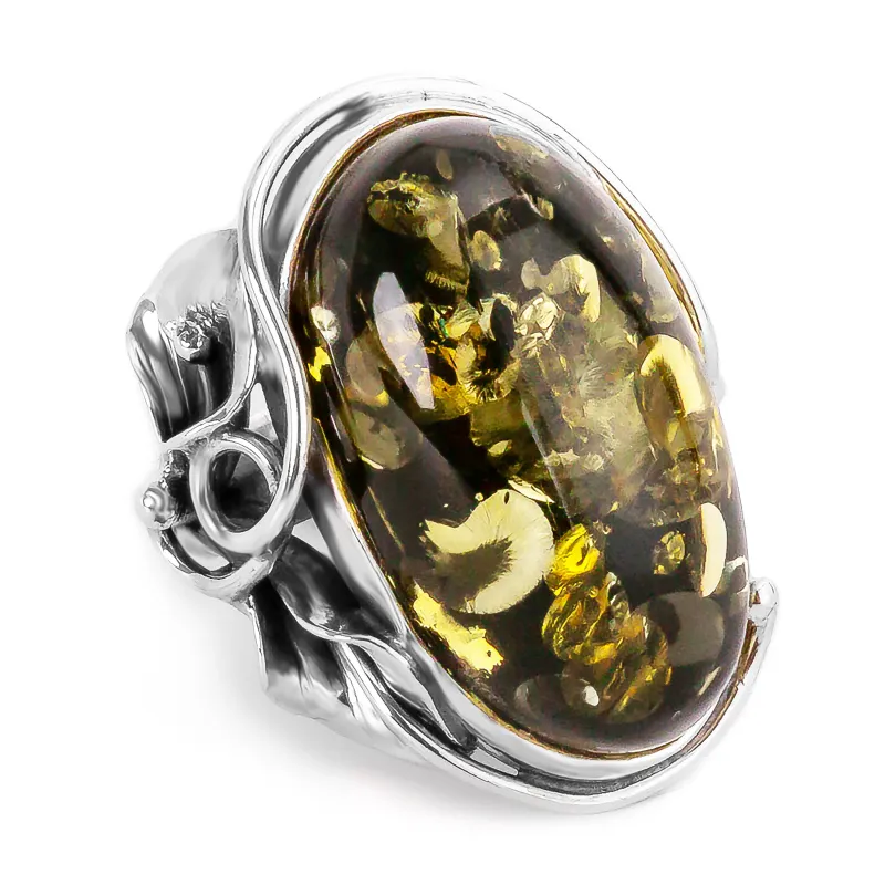 Handmade Green Baltic Amber and Silver Ring - Natural Designer Gemstone sold by Henryka