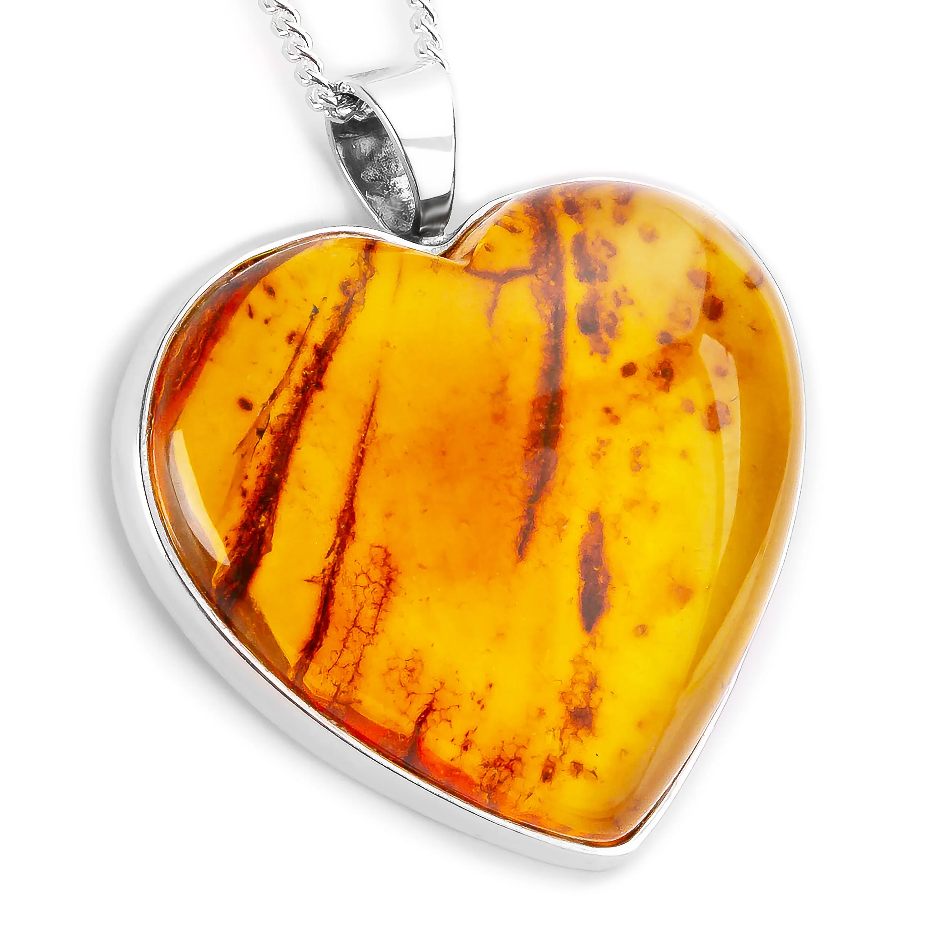 'Tiger Stripes' 3D Baltic Amber and Silver Heart Necklace - Natural Designer Gemstone sold by Henryka