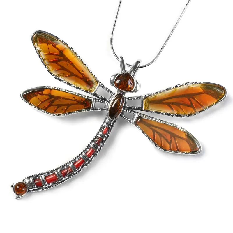 Large Dragonfly Necklace in Silver and Amber sold by Henryka