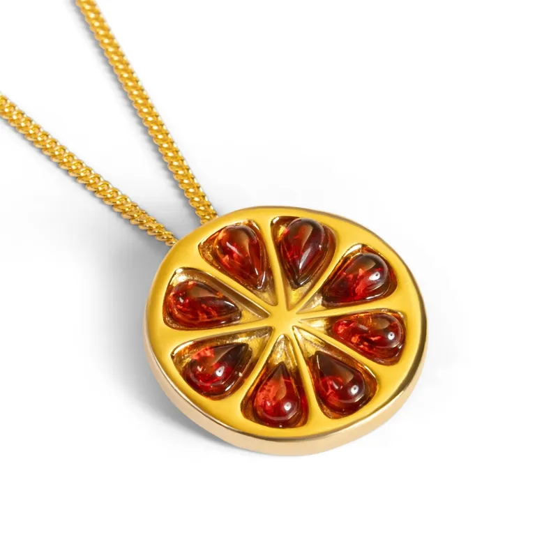 Orange Slice Fruit Necklace in Silver with 24ct Gold and Cognac Amber sold by Henryka