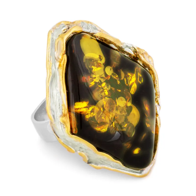 Heavenly Green Baltic Amber and Silver Ring with 24ct Gold Plate - Natural Designer Gemstone sold by Henryka