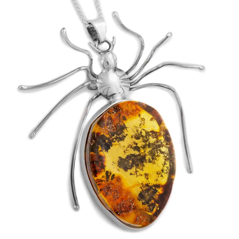 Fabulous Handmade Spider Necklace in Silver and Natural Amber sold by Henryka